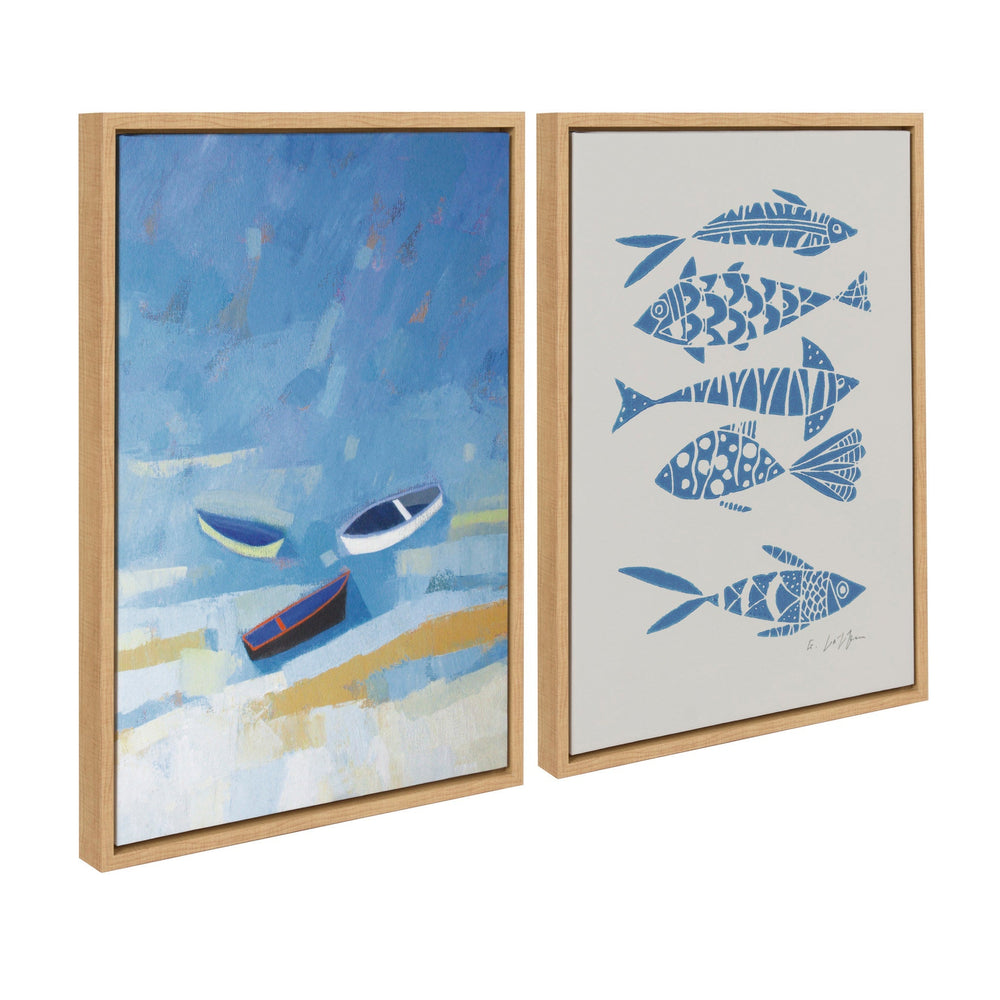 Sylvie Golden Dunes and Fishes Blue on Beige Framed Canvas Art Set by Giuliana Lazzerini - Quahog Bay Bedding