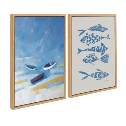 Sylvie Golden Dunes and Fishes Blue on Beige Framed Canvas Art Set by Giuliana Lazzerini - Quahog Bay Bedding