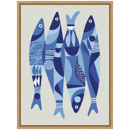 Sylvie Modern Coastal Sardines in Blue Framed Canvas by Rachel Lee - Quahog Bay Bedding