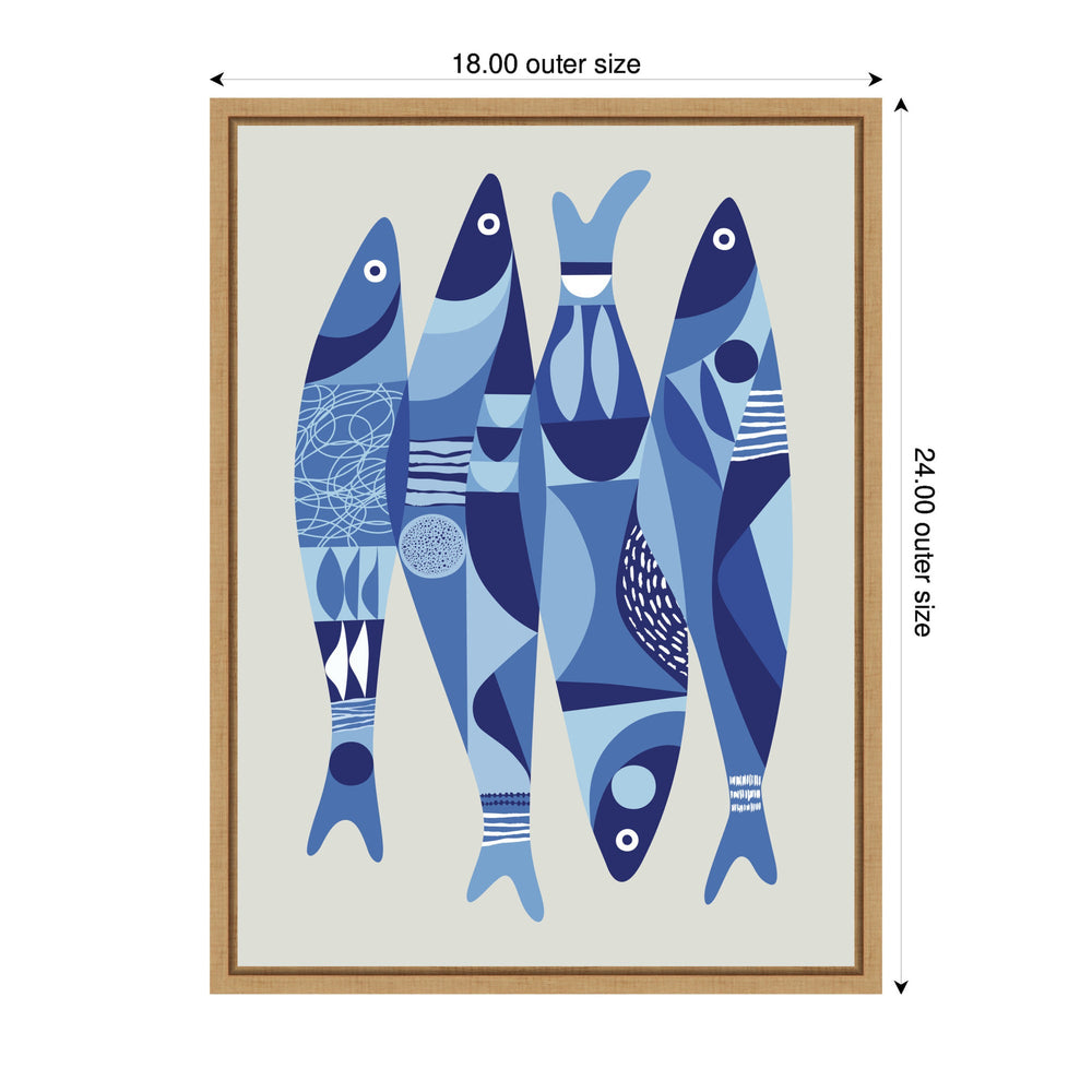 Sylvie Modern Coastal Sardines in Blue Framed Canvas by Rachel Lee - Quahog Bay Bedding