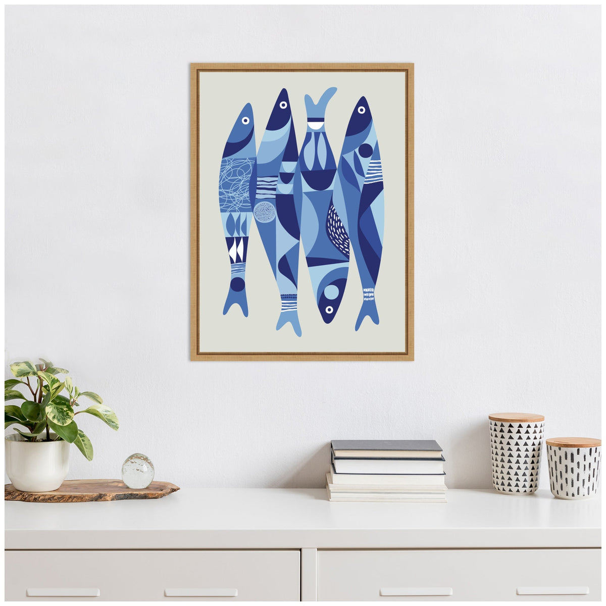 Sylvie Modern Coastal Sardines in Blue Framed Canvas by Rachel Lee - Quahog Bay Bedding