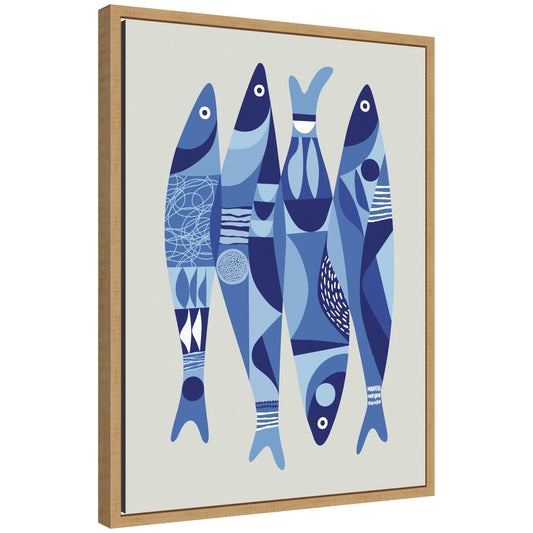 Sylvie Modern Coastal Sardines in Blue Framed Canvas by Rachel Lee - Quahog Bay Bedding