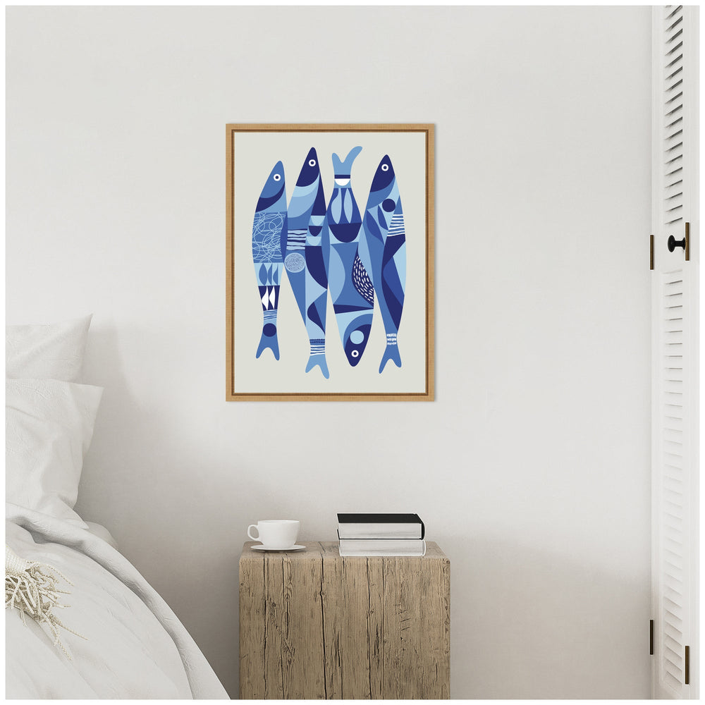 Sylvie Modern Coastal Sardines in Blue Framed Canvas by Rachel Lee - Quahog Bay Bedding