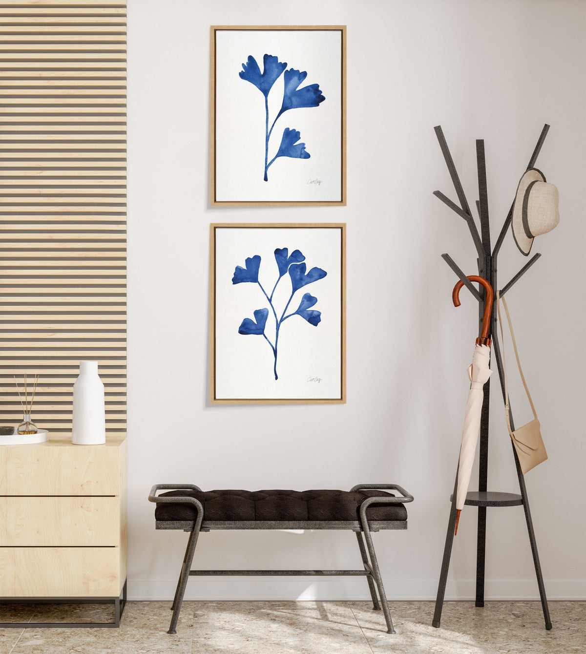 Sylvie Navy Ginkgo and Navy Ginkgo Trio Framed Canvas by Cat Coquillette - Quahog Bay Bedding