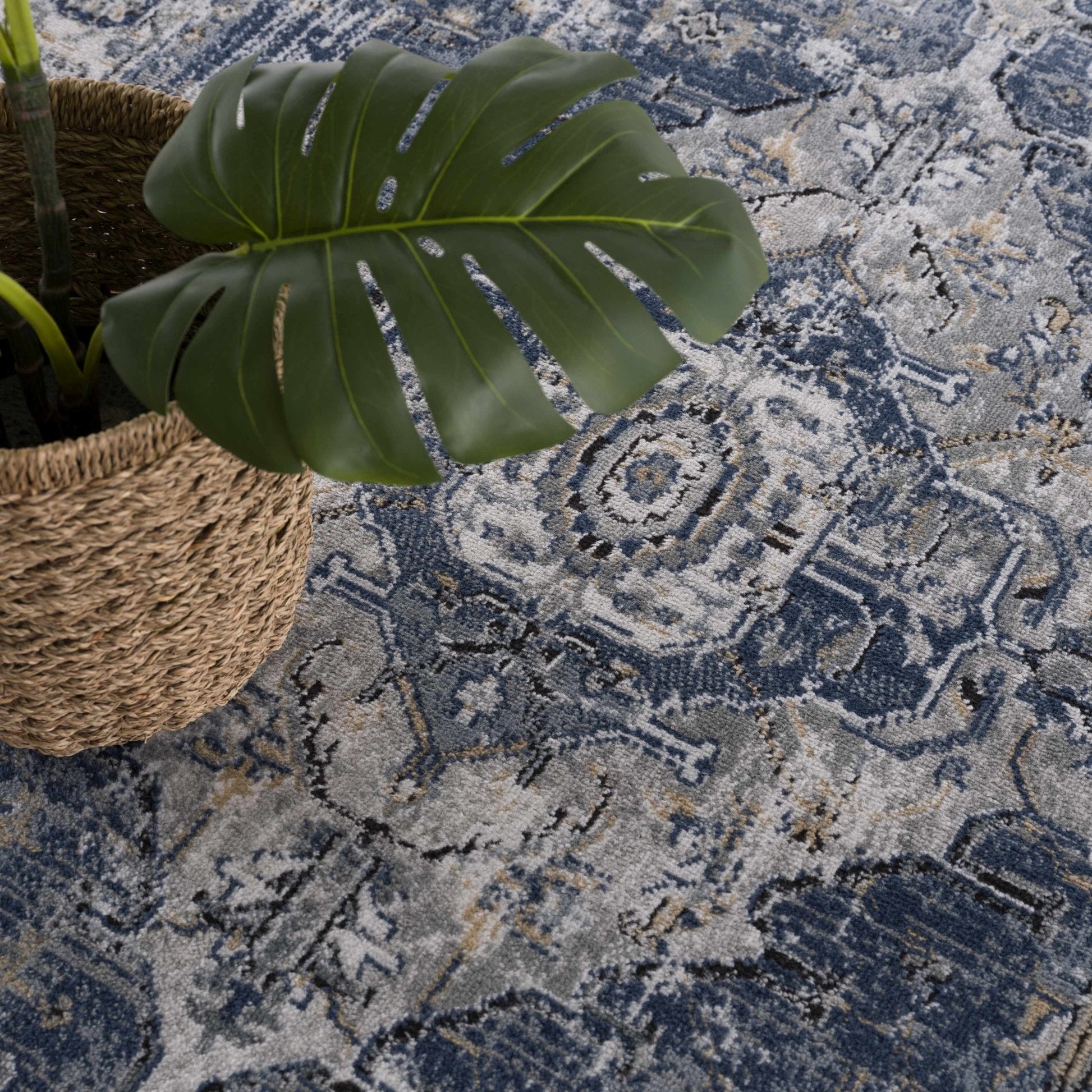 Telina Traditional Area Rug - Blue/Cream/Gray/Gold - Machine Woven - Made In Turkey - Quahog Bay Bedding