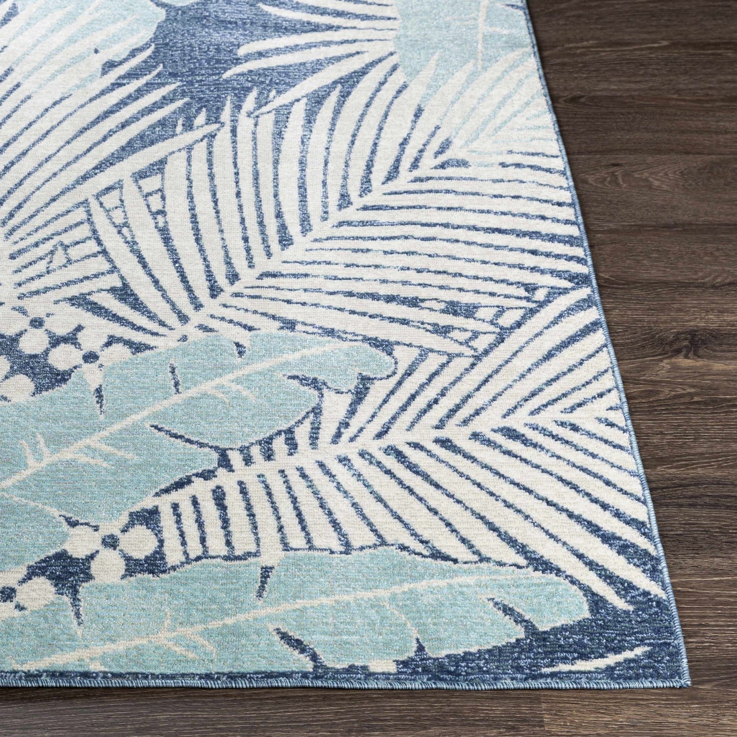 Thebarton Coastal Blue Palm Area Rug - Quahog Bay Bedding