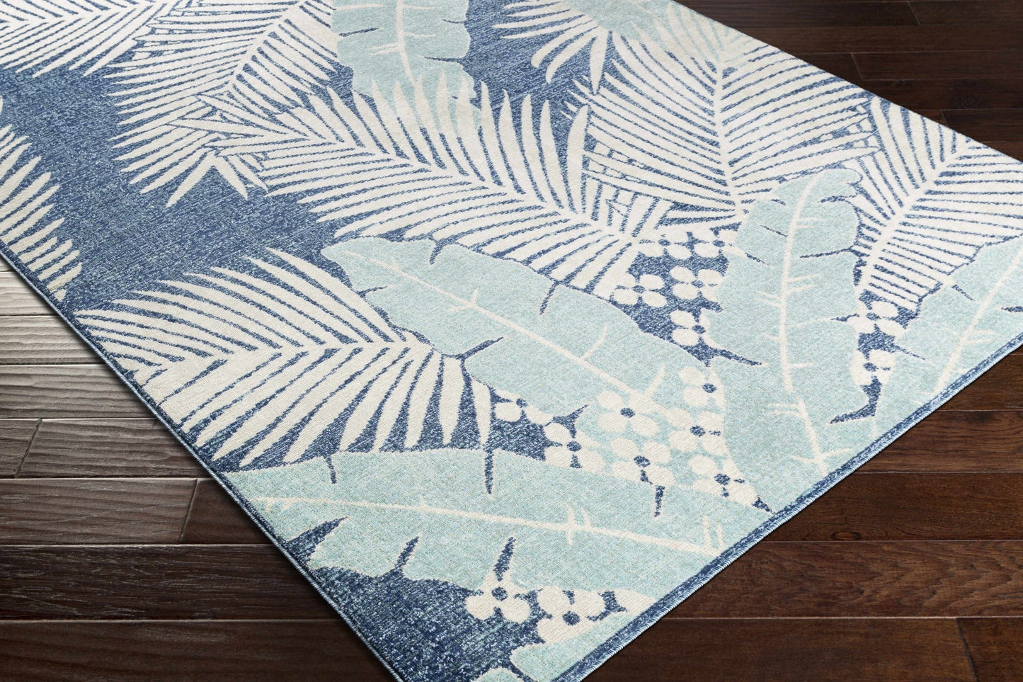 Thebarton Coastal Blue Palm Area Rug - Quahog Bay Bedding
