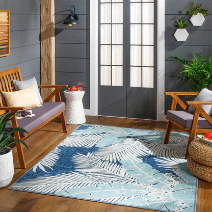 Thebarton Coastal Blue Palm Area Rug - Quahog Bay Bedding