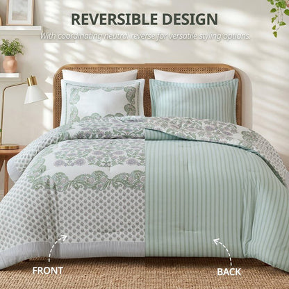 Tilly Coastal Cottage Reversible Comforter Set | 3-Piece | Green - Quahog Bay Bedding