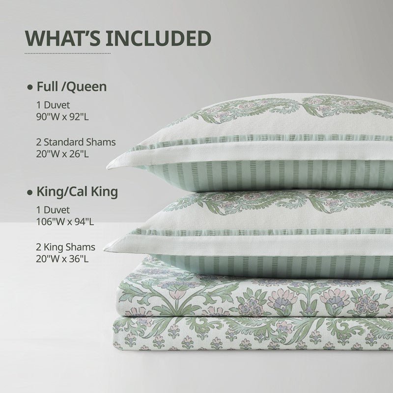 Tilly Coastal Cottage Reversible Duvet Cover Set | 3-Piece | Green - Quahog Bay Bedding