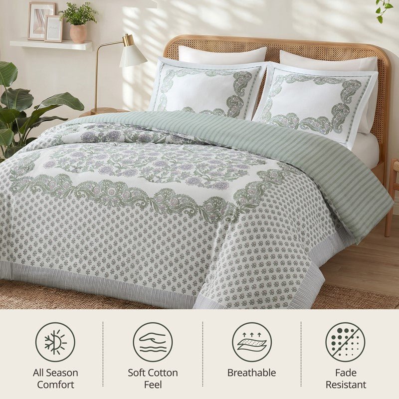 Tilly Coastal Cottage Reversible Duvet Cover Set | 3-Piece | Green - Quahog Bay Bedding