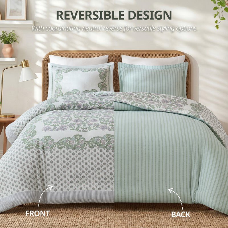 Tilly Coastal Cottage Reversible Duvet Cover Set | 3-Piece | Green - Quahog Bay Bedding