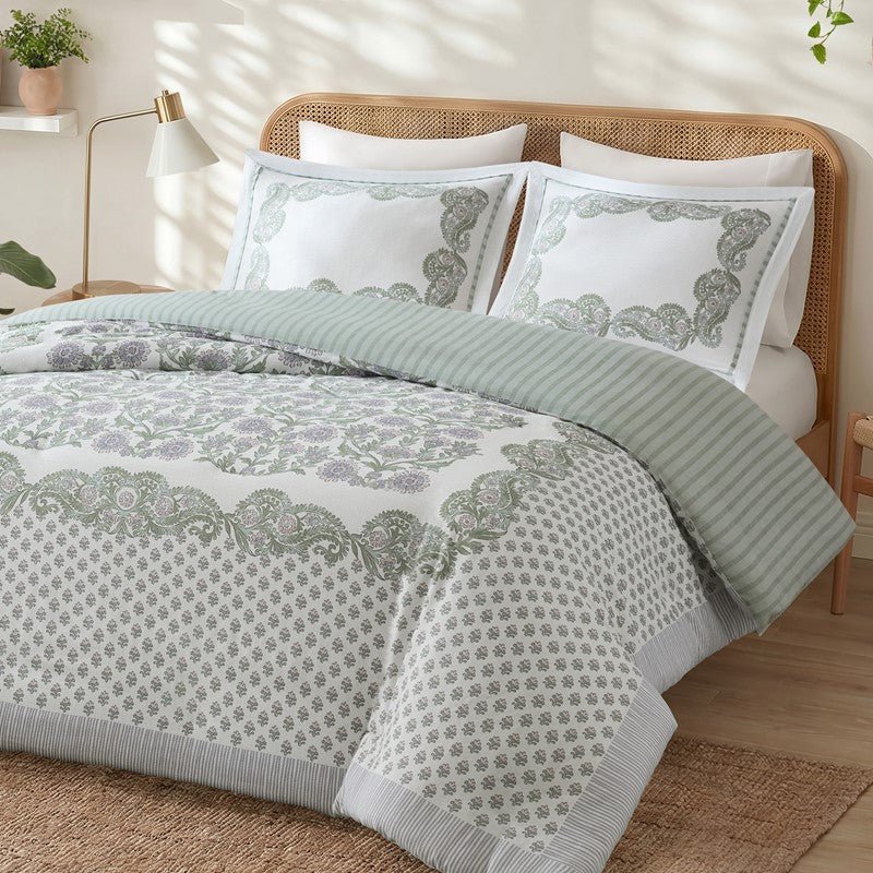Tilly Coastal Cottage Reversible Duvet Cover Set | 3-Piece | Green - Quahog Bay Bedding