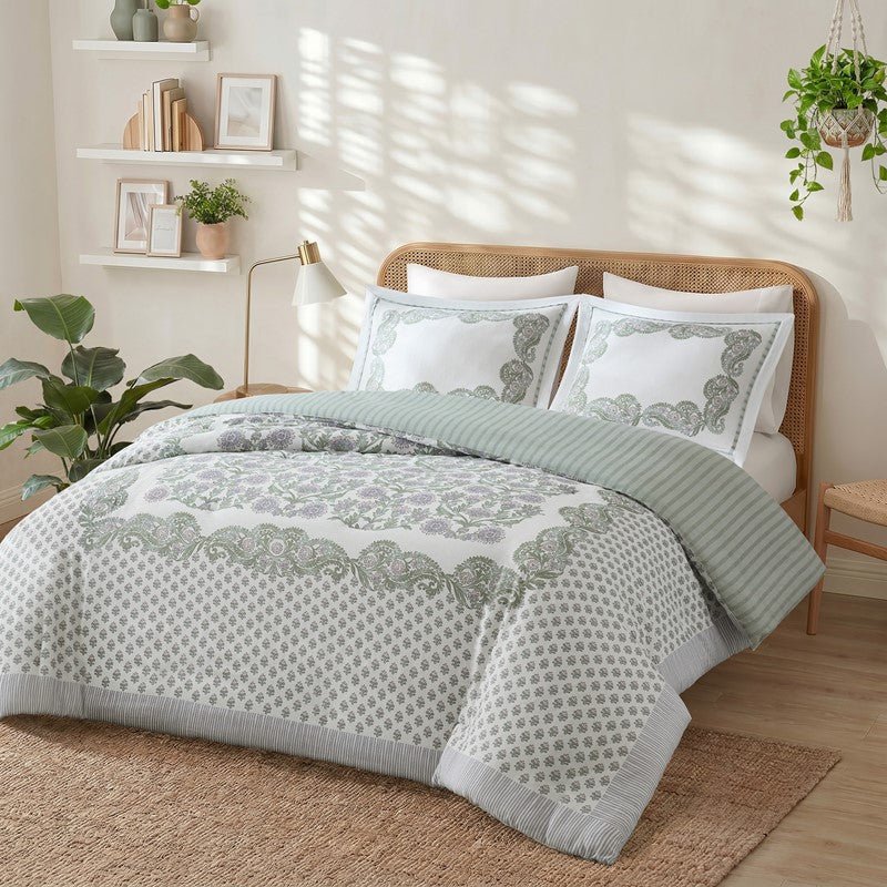 Tilly Coastal Cottage Reversible Duvet Cover Set | 3-Piece | Green - Quahog Bay Bedding