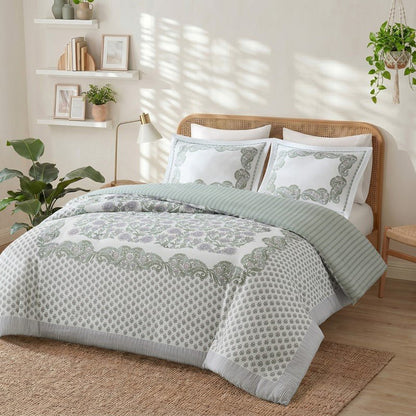 Tilly Coastal Cottage Reversible Duvet Cover Set | 3-Piece | Green - Quahog Bay Bedding