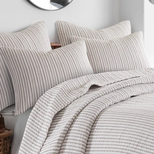 Tobago Stripe Reversible Quilt Set - Coastal Quilts - Taupe - Quahog Bay Bedding