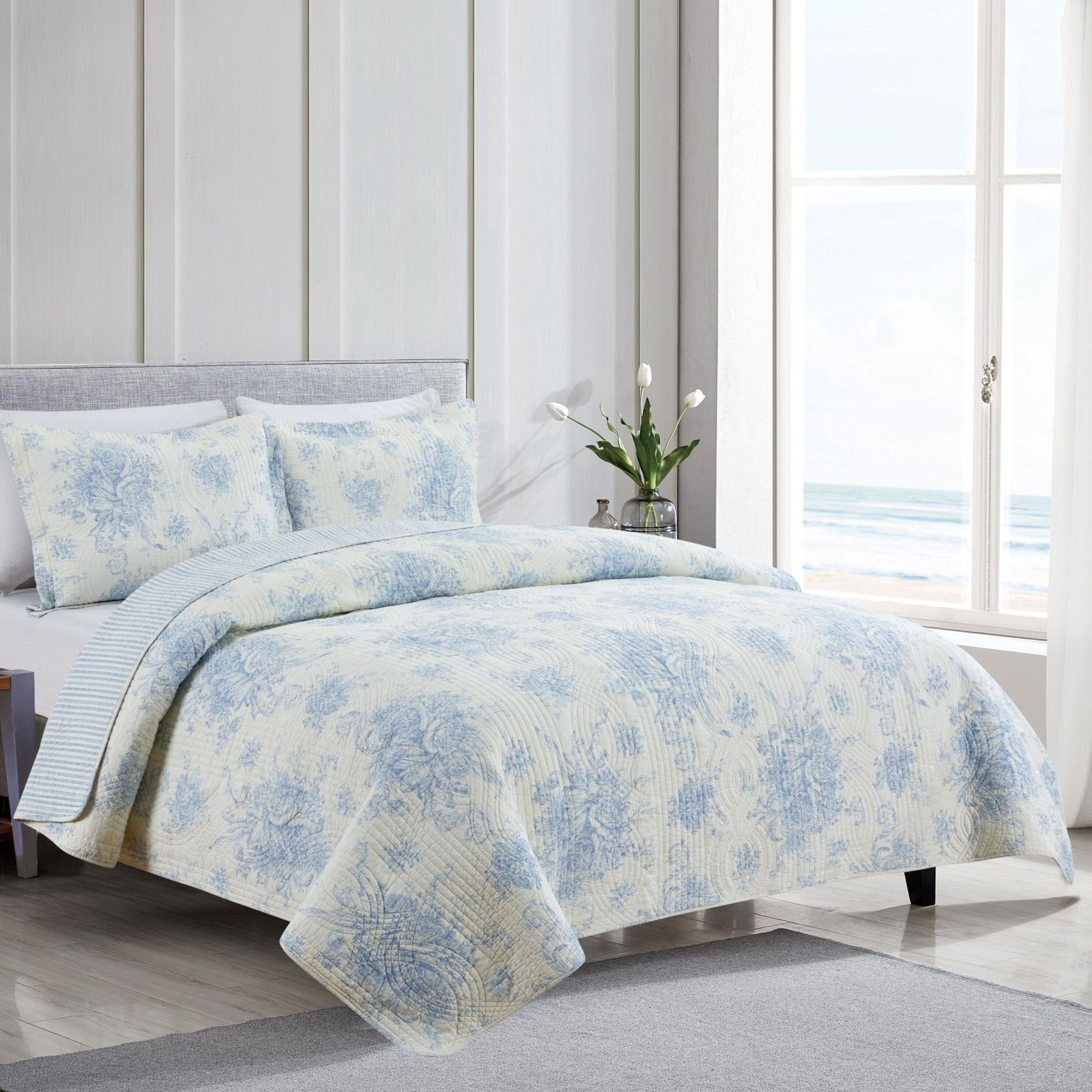 Toile Quilt Set - 100% Cotton Shell And Filling - Floral Quilt With Stripes On Reverse - Quahog Bay Bedding