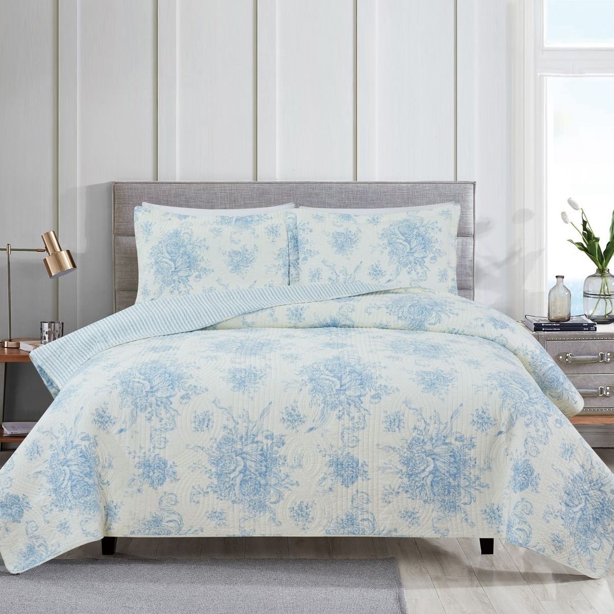 Toile Quilt Set - 100% Cotton Shell And Filling - Floral Quilt With Stripes On Reverse - Quahog Bay Bedding