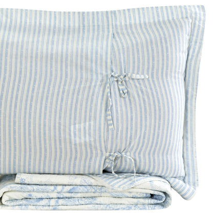 Toile Quilt Set - 100% Cotton Shell And Filling - Floral Quilt With Stripes On Reverse