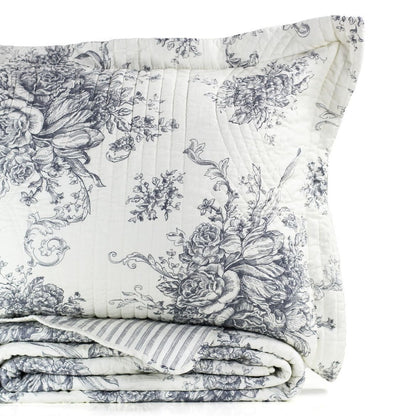 Toile Quilt Set - 100% Cotton Shell And Filling - Floral Quilt With Stripes On Reverse