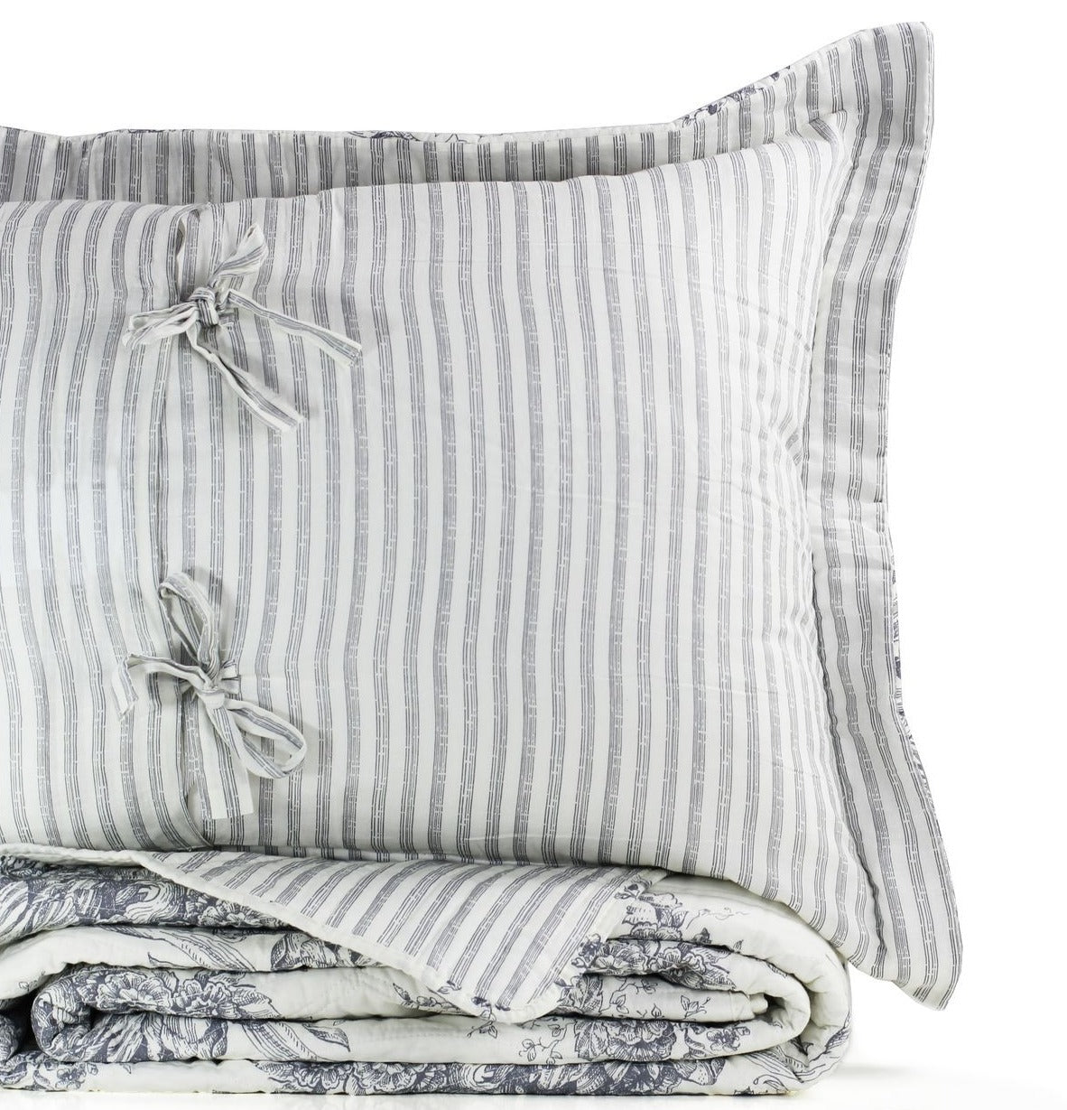 Toile Quilt Set - 100% Cotton Shell And Filling - Floral Quilt With Stripes On Reverse