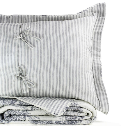 Toile Quilt Set - 100% Cotton Shell And Filling - Floral Quilt With Stripes On Reverse
