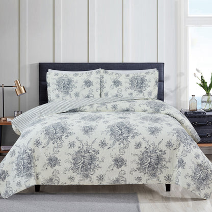Toile Quilt Set - 100% Cotton Shell And Filling - Floral Quilt With Stripes On Reverse