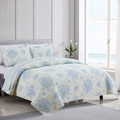 Toile Quilt Set - 100% Cotton Shell And Filling - Floral Quilt With Stripes On Reverse