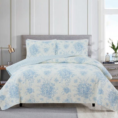 Toile Quilt Set - 100% Cotton Shell And Filling - Floral Quilt With Stripes On Reverse