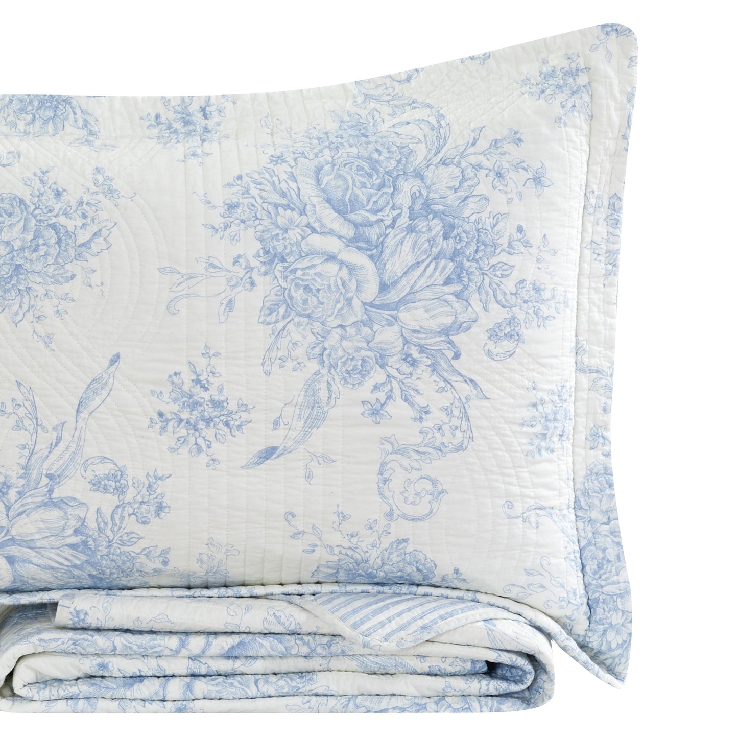 Toile Quilt Set - 100% Cotton Shell And Filling - Floral Quilt With Stripes On Reverse