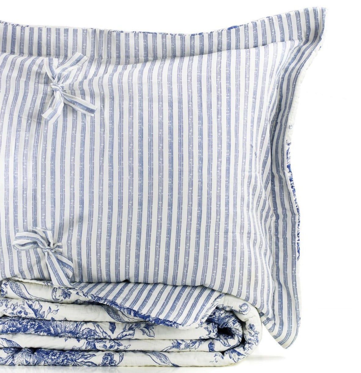 Toile Quilt Set - 100% Cotton Shell And Filling - Floral Quilt With Stripes On Reverse