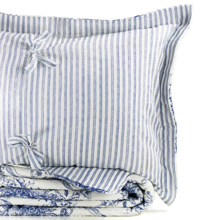 Toile Quilt Set - 100% Cotton Shell And Filling - Floral Quilt With Stripes On Reverse