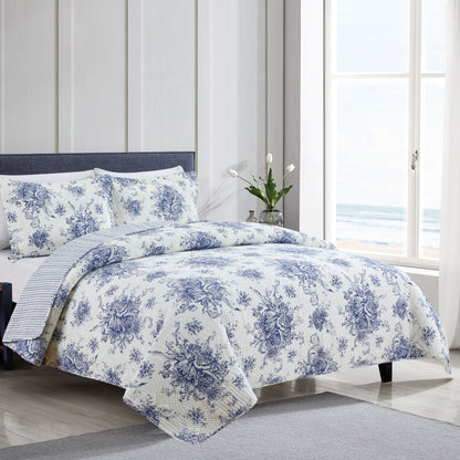 Toile Quilt Set - 100% Cotton Shell And Filling - Floral Quilt With Stripes On Reverse