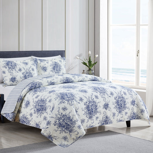 Toile Quilt Set - 100% Cotton Shell And Filling - Floral Quilt With Stripes On Reverse