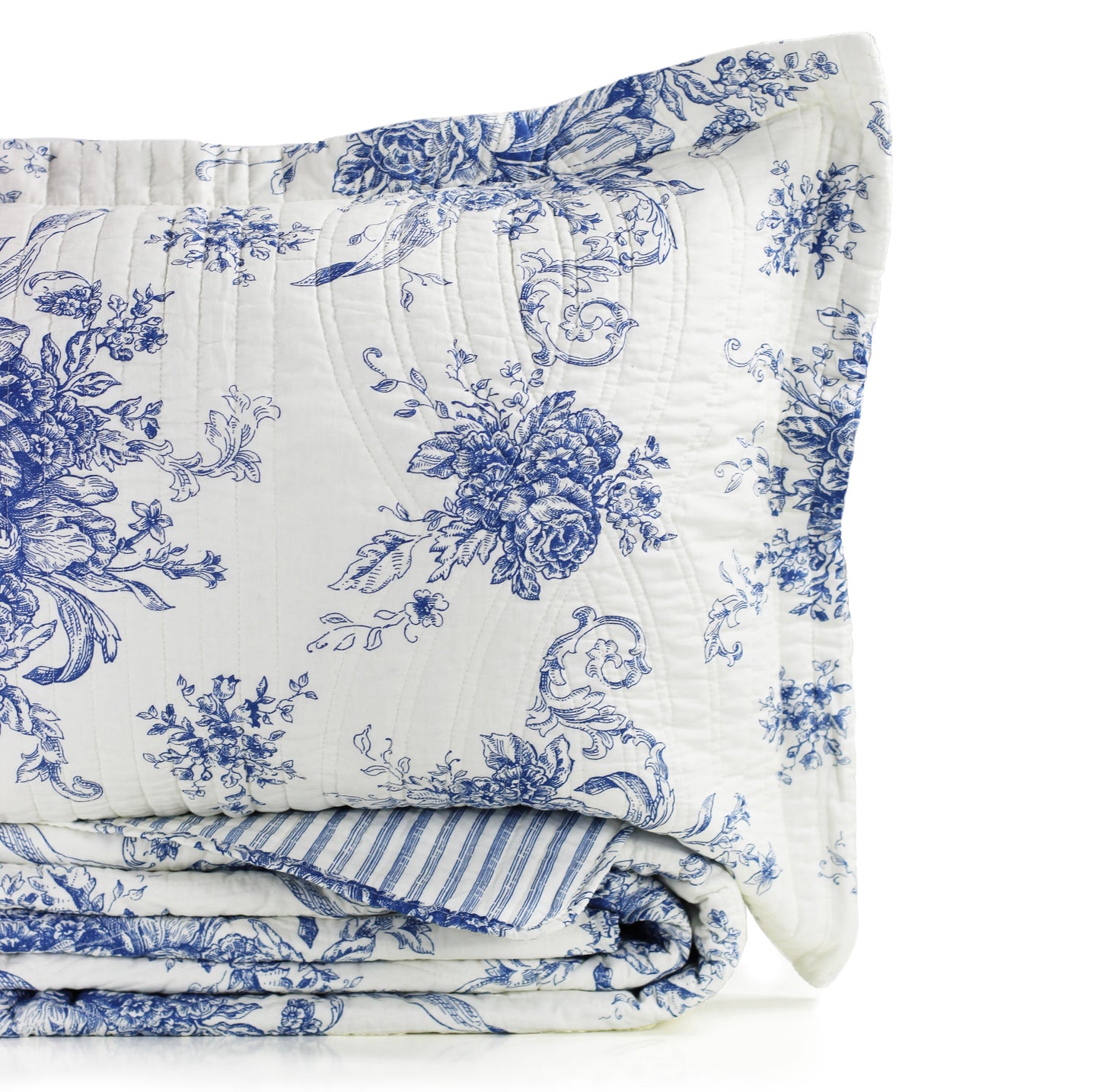 Toile Quilt Set - 100% Cotton Shell And Filling - Floral Quilt With Stripes On Reverse