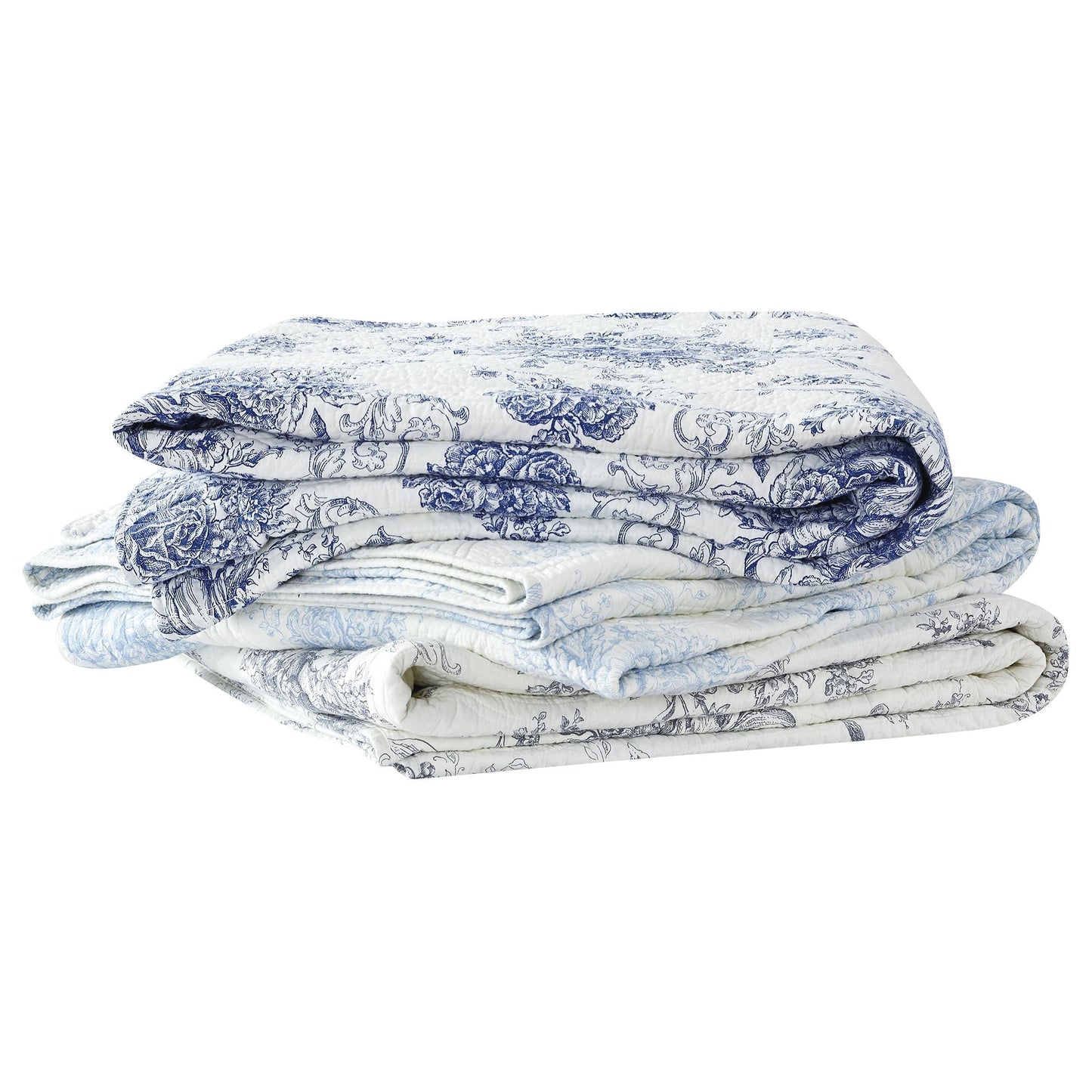 Toile Quilt Set - 100% Cotton Shell And Filling - Floral Quilt With Stripes On Reverse