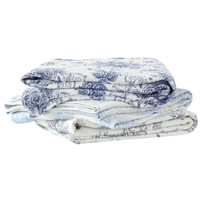 Toile Quilt Set - 100% Cotton Shell And Filling - Floral Quilt With Stripes On Reverse