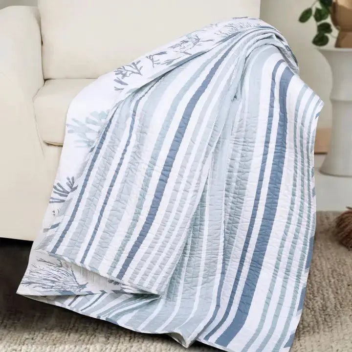 Truro Stripe Quilted Throw Coastal Bedding Throw Blankets - Blue - Quahog Bay Bedding