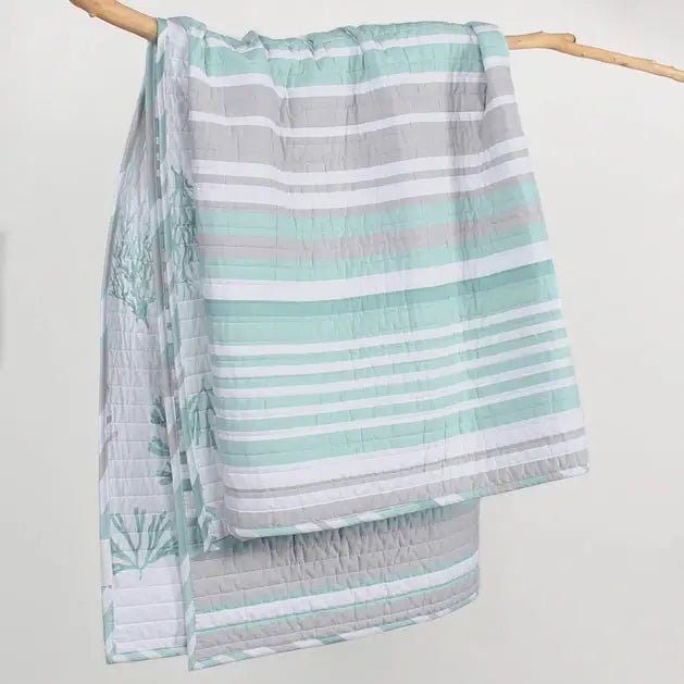 Truro Stripe Quilted Throw Coastal Bedding Throw Blankets - Spa Blue - Quahog Bay Bedding