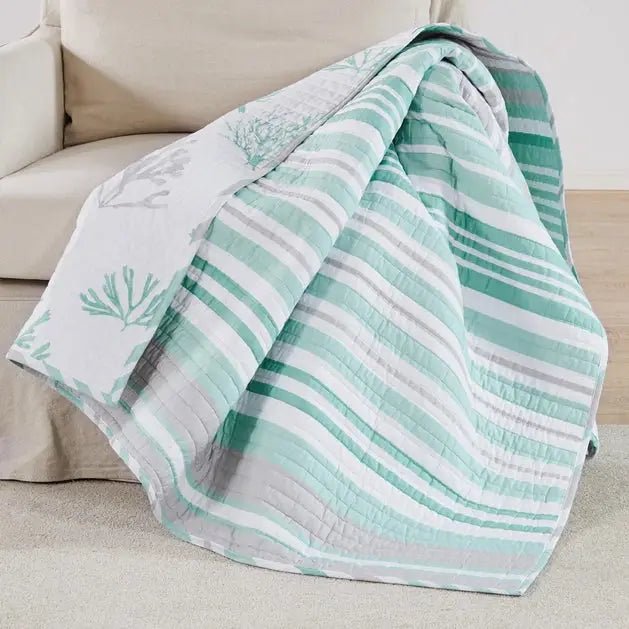 Truro Stripe Quilted Throw Coastal Bedding Throw Blankets - Spa Blue - Quahog Bay Bedding