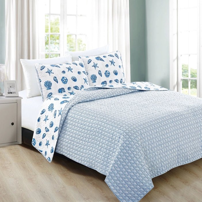 Universal V Berth Coastal Blue Bali Quilt Set 3PC Boat Bedding Set - Quahog Bay Bedding
