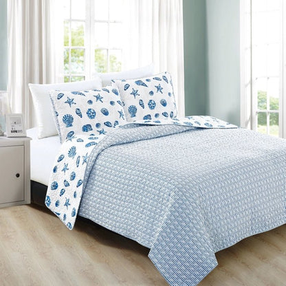 Universal V Berth Coastal Blue Bali Quilt Set 3PC Boat Bedding Set - Quahog Bay Bedding