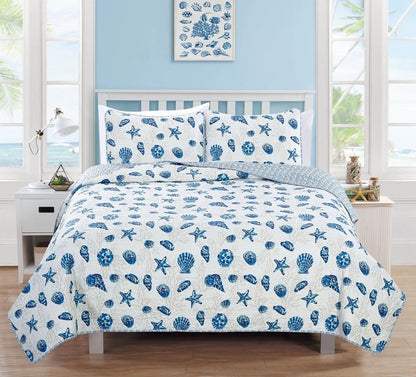 Universal V Berth Coastal Blue Bali Quilt Set 3PC Boat Bedding Set - Quahog Bay Bedding