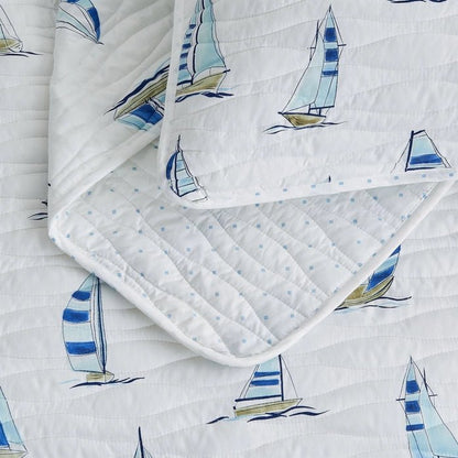 Coastal Blue Watercolor Sailboat Quilt Set 3PC - Quahog Bay Bedding