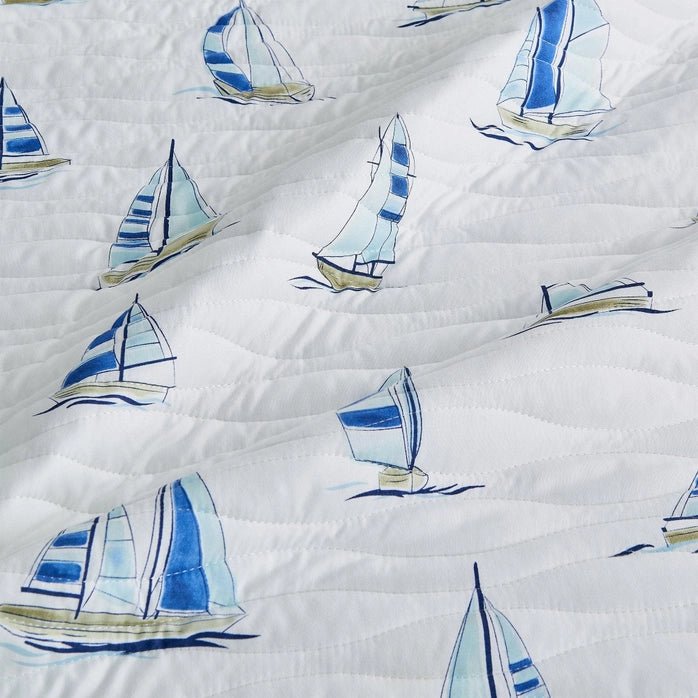 Coastal Blue Watercolor Sailboat Quilt Set 3PC - Quahog Bay Bedding
