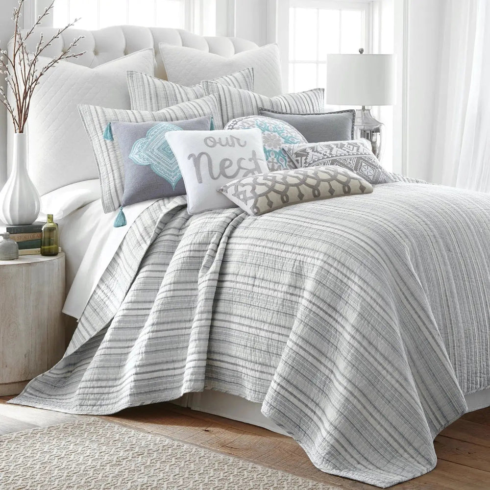 Bondi Stripe Grey Quilt Set Coastal Bedding Set Grey Hues - Quahog Bay Bedding