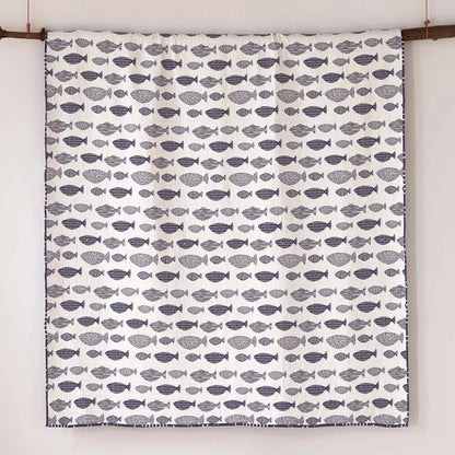 Universal V Berth Nautical Navy And White Fish 100% Cotton Quilt Set - Quahog Bay Bedding