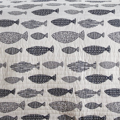 Universal V Berth Nautical Navy And White Fish 100% Cotton Quilt Set - Quahog Bay Bedding
