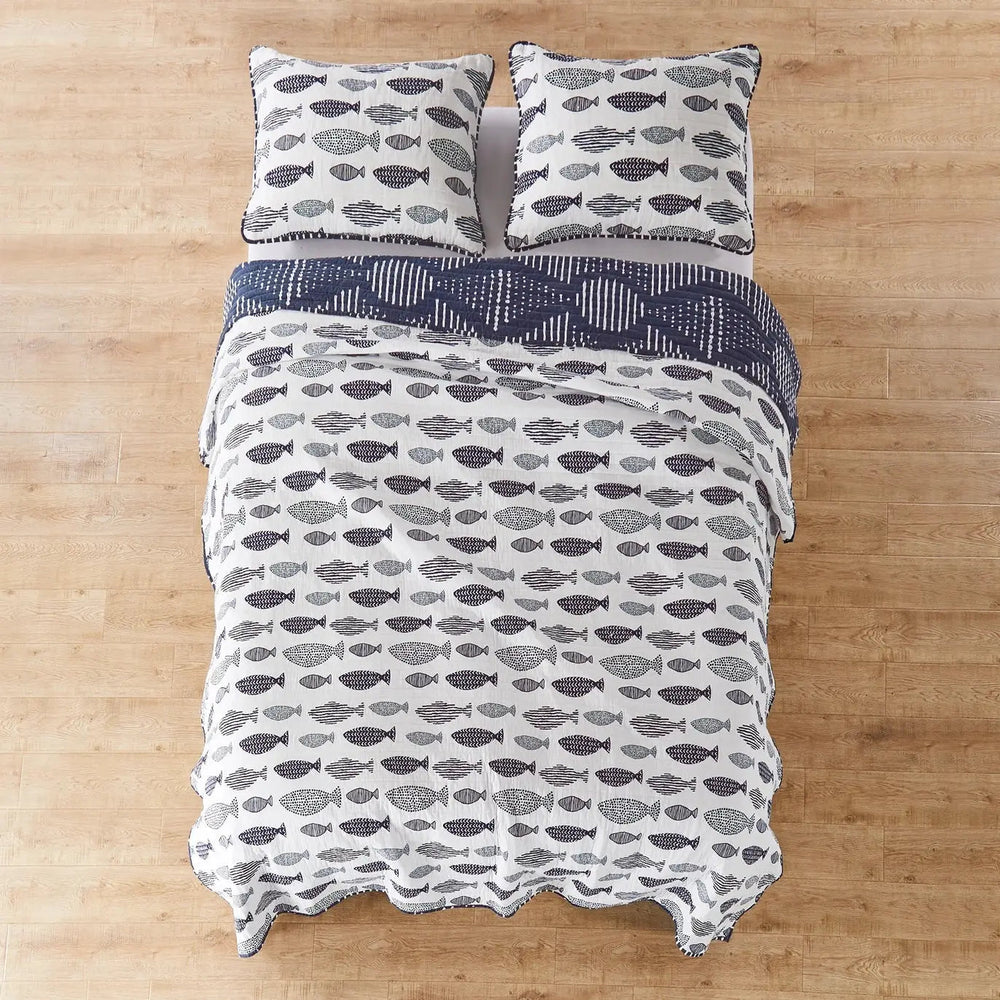 Universal V Berth Nautical Navy And White Fish 100% Cotton Quilt Set - Quahog Bay Bedding