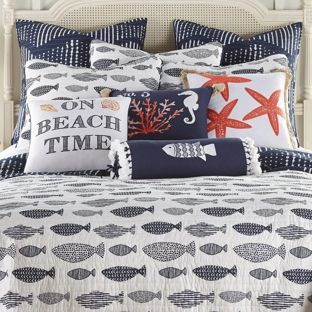 Universal V Berth Nautical Navy And White Fish 100% Cotton Quilt Set - Quahog Bay Bedding
